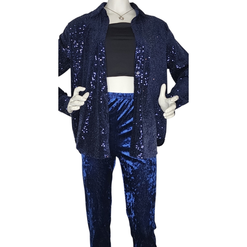 First Love Blue Sequin Velvet Blouse Small NWT ✨ Luxe Night-Out Top
